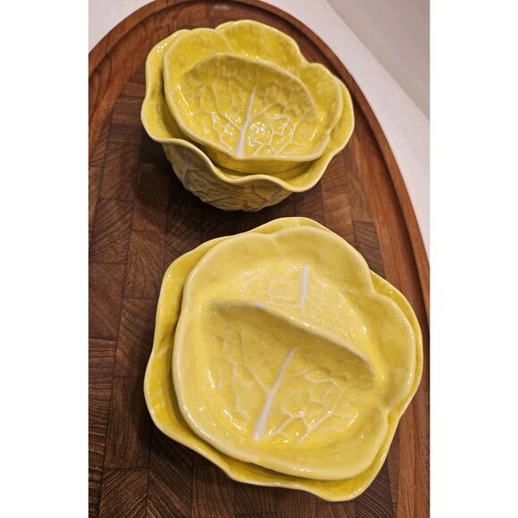 2 Secla Portugal Pottery Cabbage‎ Leaf Yellow Soup Bowl+ Lid Condiment VTG Majol - Picture 3 of 12